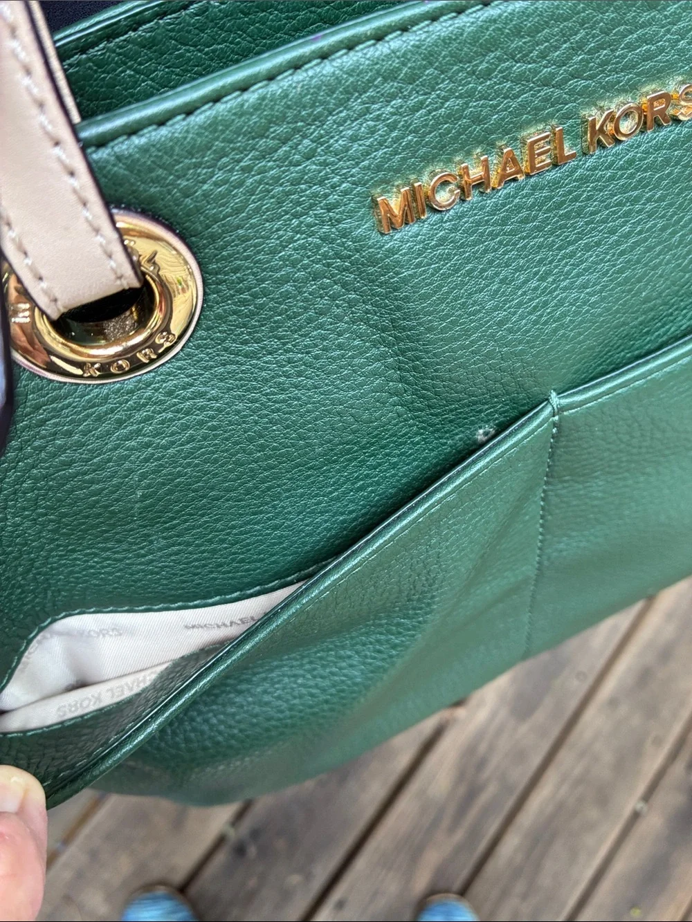 Michael Kors Green Leather Medium Tote with Tan Straps